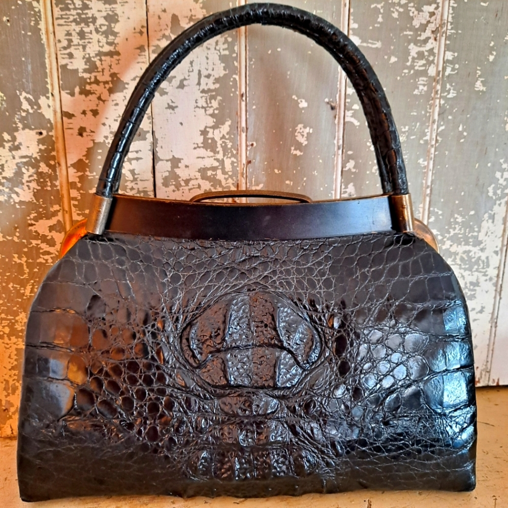 Vtg Alligator Bag Black 50s EUC Double Handle